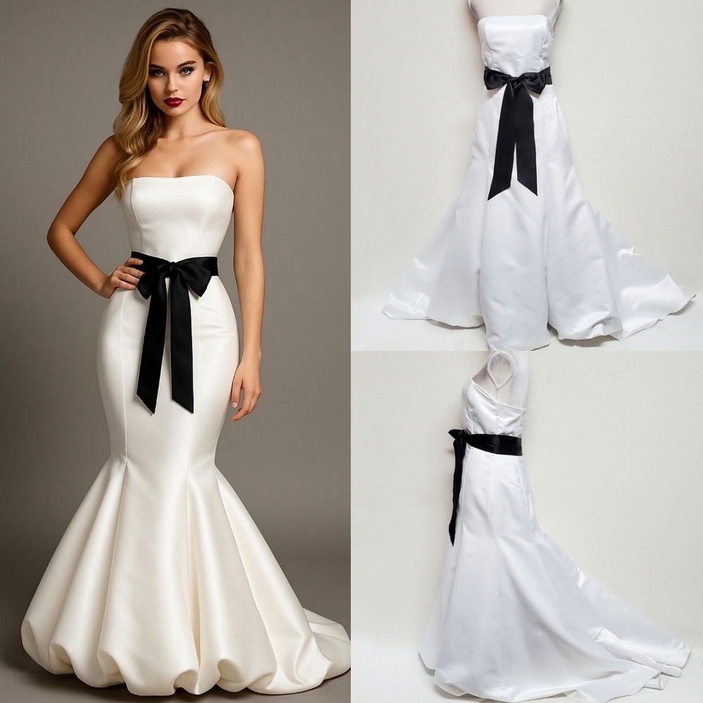 Gunne Sax Jessica McClintock Vintage 90s White Satin Tie-Waist Train Maxi Dress